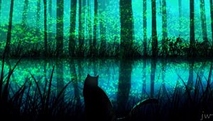 Preview wallpaper cat, forest, lake, night, art