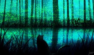 Preview wallpaper cat, forest, lake, night, art