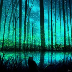 Preview wallpaper cat, forest, lake, night, art