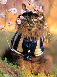Preview wallpaper cat, furry, costume, branches, trees, flowers