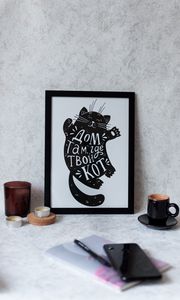 Preview wallpaper cat, home, phrase, words, picture, art