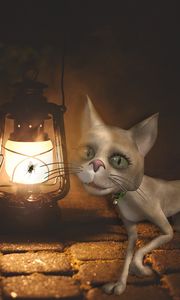 Preview wallpaper cat, lamp, art, fly