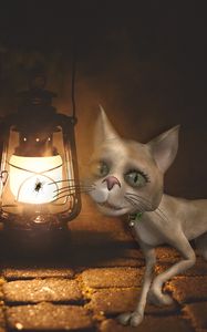 Preview wallpaper cat, lamp, art, fly
