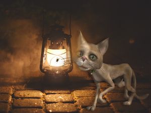 Preview wallpaper cat, lamp, art, fly