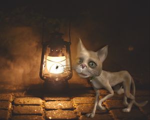 Preview wallpaper cat, lamp, art, fly