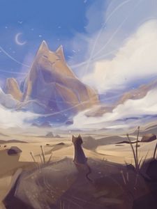 Preview wallpaper cat, landscape, mountains, funny, art
