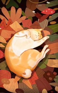 Preview wallpaper cat, lazy, funny, leaves