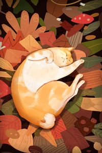 Preview wallpaper cat, lazy, funny, leaves