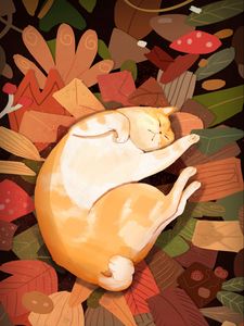 Preview wallpaper cat, lazy, funny, leaves