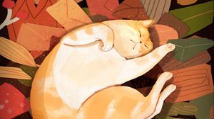 Preview wallpaper cat, lazy, funny, leaves