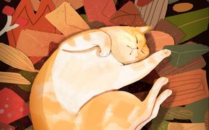 Preview wallpaper cat, lazy, funny, leaves