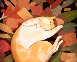 Preview wallpaper cat, lazy, funny, leaves