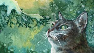 Preview wallpaper cat, paint, painting, branch, snow, winter, drawing