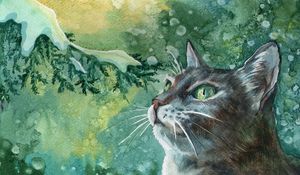 Preview wallpaper cat, paint, painting, branch, snow, winter, drawing