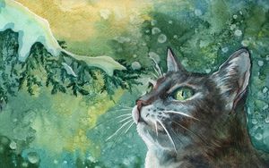 Preview wallpaper cat, paint, painting, branch, snow, winter, drawing