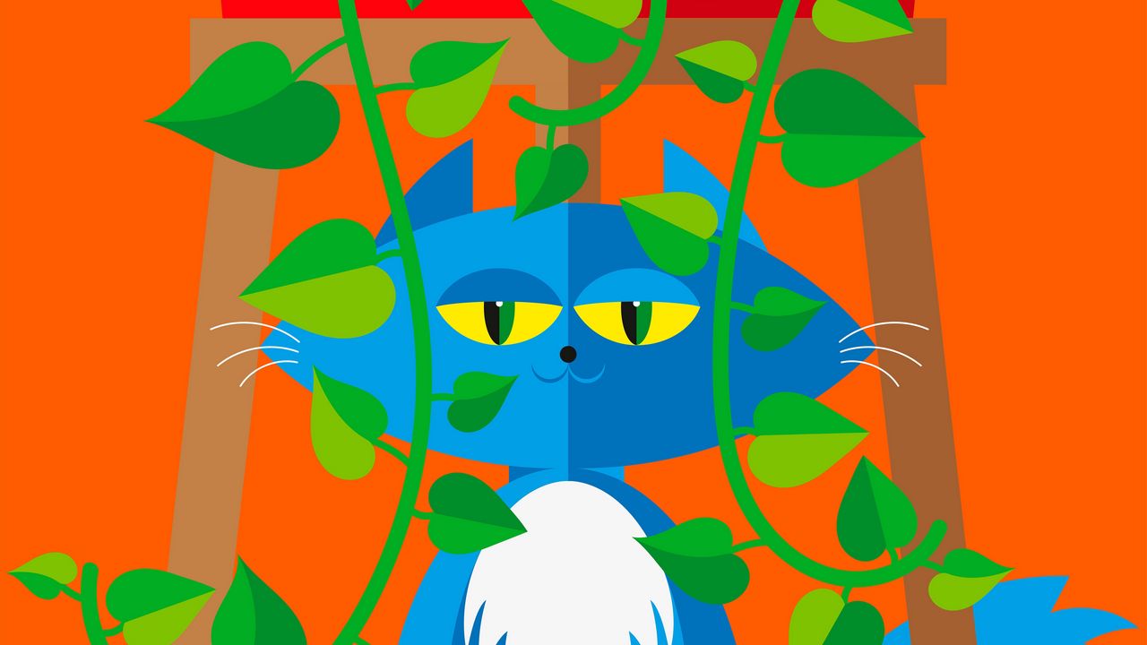 Wallpaper cat, pet, leaves, plant, vector, art, cartoon, bright