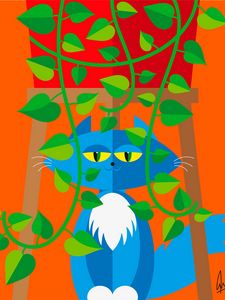 Preview wallpaper cat, pet, leaves, plant, vector, art, cartoon, bright