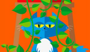 Preview wallpaper cat, pet, leaves, plant, vector, art, cartoon, bright