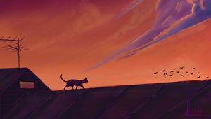 Preview wallpaper cat, roof, birds, night, dark, art