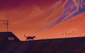 Preview wallpaper cat, roof, birds, night, dark, art