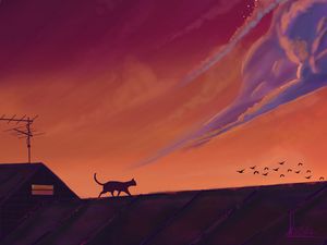 Preview wallpaper cat, roof, birds, night, dark, art