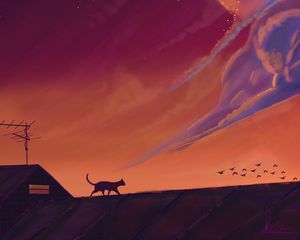 Preview wallpaper cat, roof, birds, night, dark, art