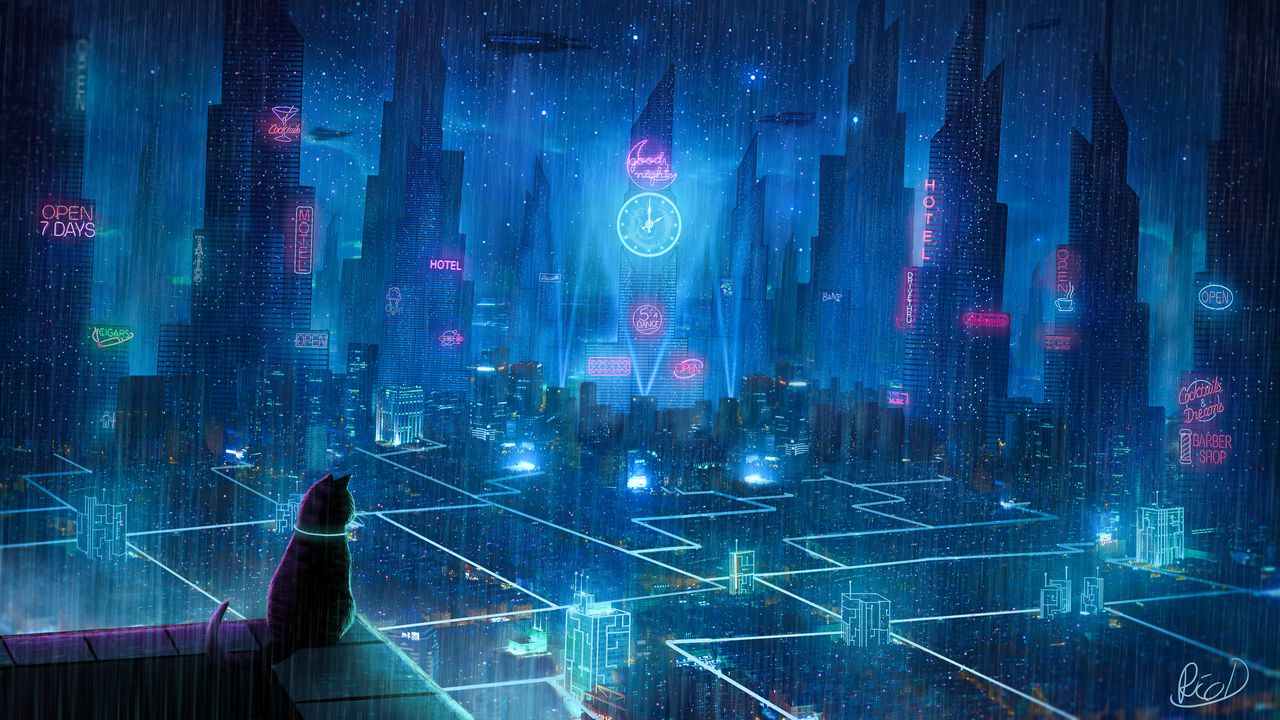 Wallpaper cat, roof, city, neon lights, metropolis, future, cyberpunk