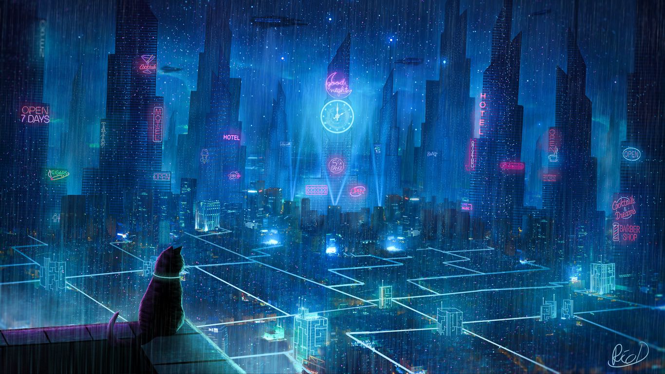 Download wallpaper 1366x768 cat, roof, city, neon lights, metropolis,  future, cyberpunk tablet, laptop hd background