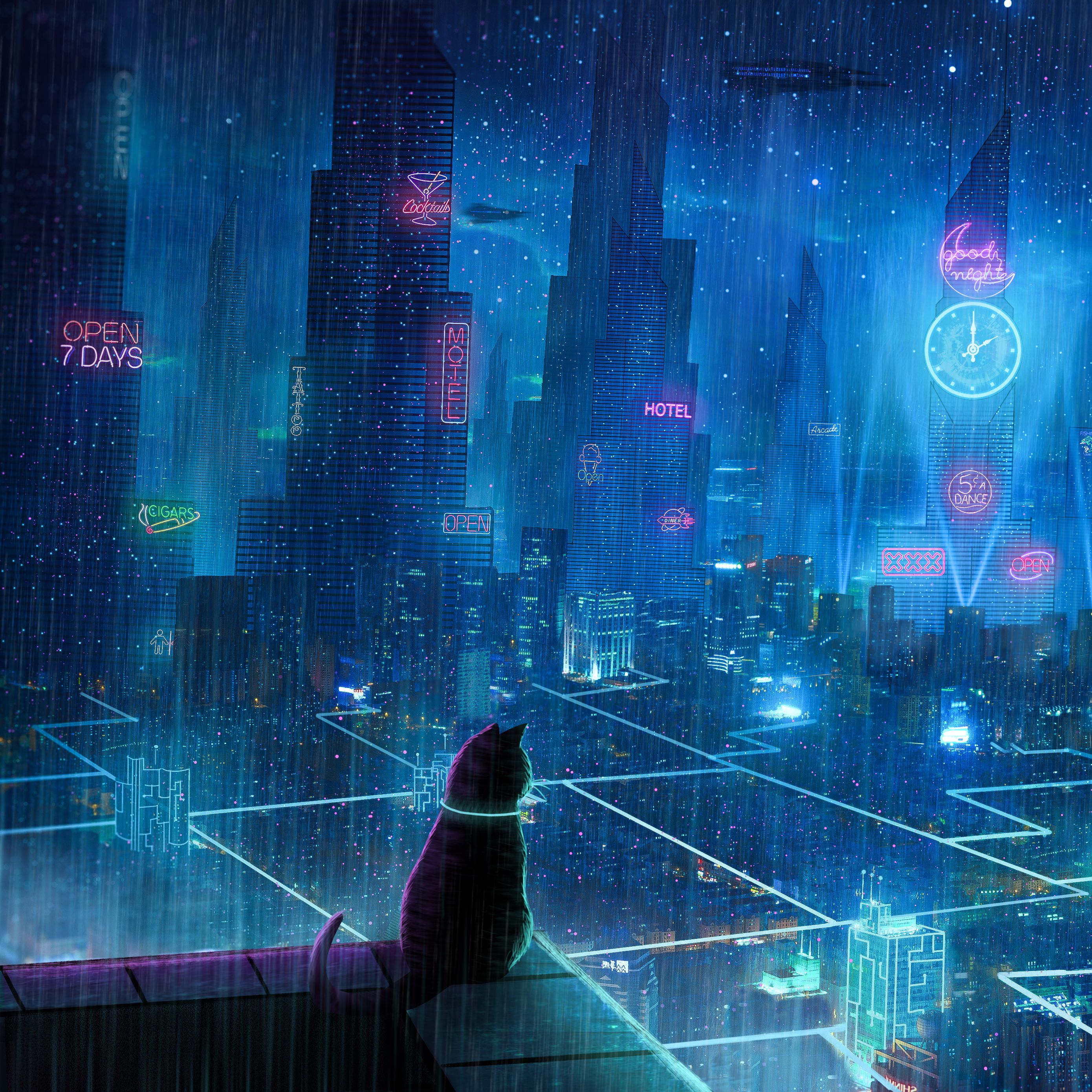 2780x2780 Wallpaper cat, roof, city, neon lights, metropolis, future, cyberpunk