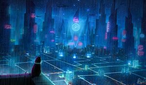 Preview wallpaper cat, roof, city, neon lights, metropolis, future, cyberpunk