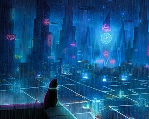 Preview wallpaper cat, roof, city, neon lights, metropolis, future, cyberpunk