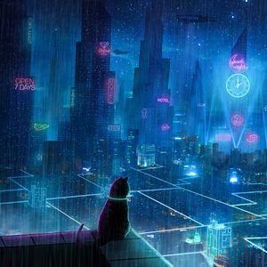 Preview wallpaper cat, roof, city, neon lights, metropolis, future, cyberpunk
