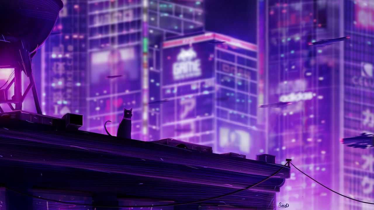 Wallpaper cat, roof, city, future, neon, backlight