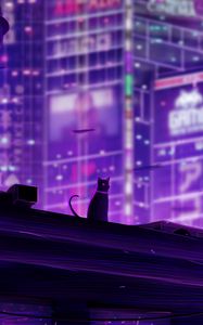 Preview wallpaper cat, roof, city, future, neon, backlight
