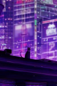 Preview wallpaper cat, roof, city, future, neon, backlight