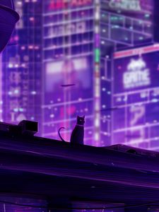 Preview wallpaper cat, roof, city, future, neon, backlight