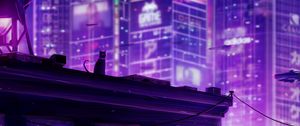 Preview wallpaper cat, roof, city, future, neon, backlight