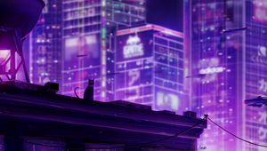 Preview wallpaper cat, roof, city, future, neon, backlight