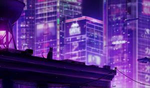 Preview wallpaper cat, roof, city, future, neon, backlight