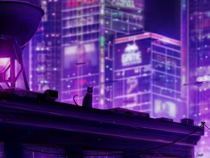 Preview wallpaper cat, roof, city, future, neon, backlight