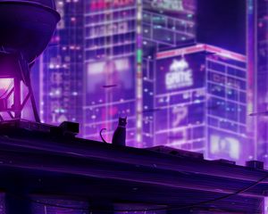 Preview wallpaper cat, roof, city, future, neon, backlight