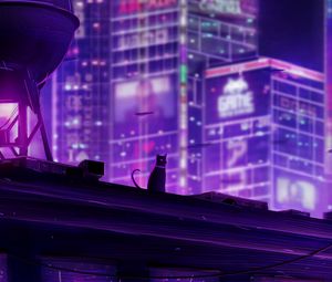 Preview wallpaper cat, roof, city, future, neon, backlight