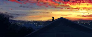 Preview wallpaper cat, roof, evening, view, clouds, art