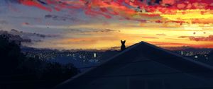 Preview wallpaper cat, roof, evening, view, clouds, art