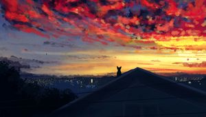 Preview wallpaper cat, roof, evening, view, clouds, art