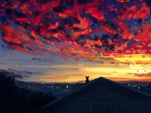 Preview wallpaper cat, roof, evening, view, clouds, art