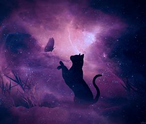 Preview wallpaper cat, silhouette, butterfly, starry sky, galaxy, stars, shine