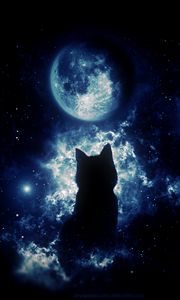 Preview wallpaper cat, silhouette, moon, starry sky, art, fantasy