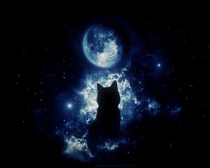 Preview wallpaper cat, silhouette, moon, starry sky, art, fantasy