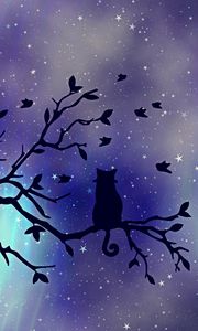 Preview wallpaper cat, silhouette, starry sky, branch, art